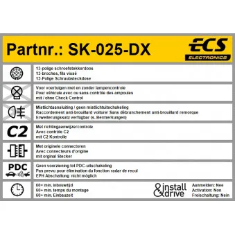 Kit électrique, dispositif d'attelage ECS SK-025-DX pour SKODA RAPID 1.6 TDI - 105cv