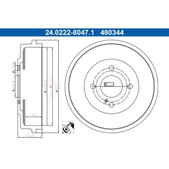 Tambour de frein ATE 24.0222-8047.1 pour KIA RIO 1.0 EcoBoost - 100cv