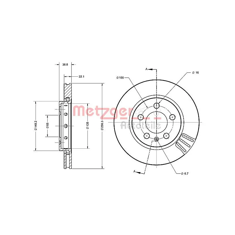Jeu de 2 disques de frein arrière METZGER 6110190 - Visuel 2