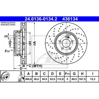 Jeu de 2 disques de frein avant ATE 24.0136-0134.2 pour MERCEDES-BENZ CLASSE E E 400 d 4-matic - 340cv