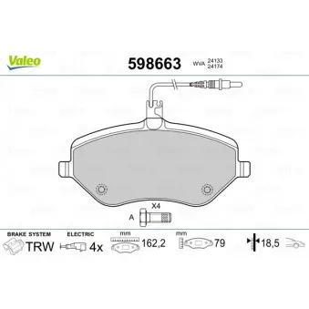 Jeu de 4 plaquettes de frein avant VALEO 598663 pour CITROEN C5 2.2 HDi - 163cv