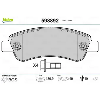 Jeu de 4 plaquettes de frein arrière VALEO OEM 77364016
