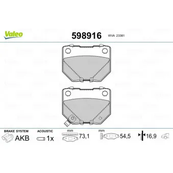 VALEO 598916 - Jeu de 4 plaquettes de frein arrière