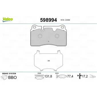 Jeu de 4 plaquettes de frein avant VALEO OEM 8J0698151M