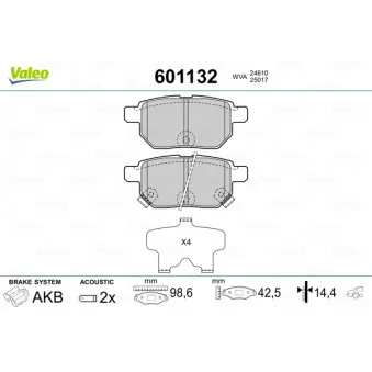 VALEO 601132 - Jeu de 4 plaquettes de frein arrière