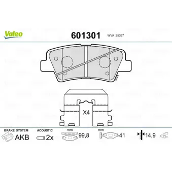 VALEO 601301 - Jeu de 4 plaquettes de frein arrière