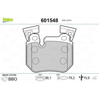 VALEO 601548 - Jeu de 4 plaquettes de frein arrière