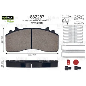 Jeu de 4 plaquettes de frein avant VALEO 882287 pour MERCEDES-BENZ AROCS 3232 L - 320cv