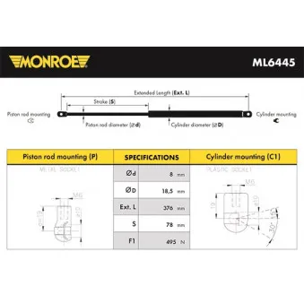 Vérin, capot-moteur MONROE ML6445