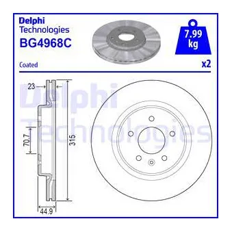 Jeu de 2 disques de frein arrière DELPHI BG4968C pour OPEL INSIGNIA 1.5 - 165cv