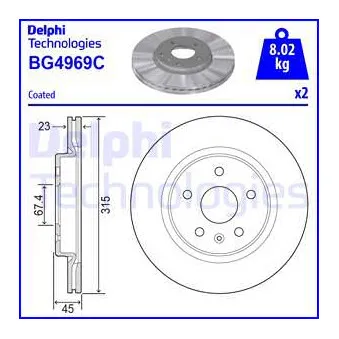Jeu de 2 disques de frein arrière DELPHI BG4969C pour OPEL INSIGNIA 2.0 4x4 - 260cv