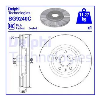 Jeu de 2 disques de frein avant DELPHI BG9240C pour OPEL INSIGNIA 2.0 4x4 - 260cv