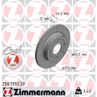 Jeu de 2 disques de frein arrière ZIMMERMANN 250.1392.20 pour FORD FIESTA 1.5 TDCi - 85cv