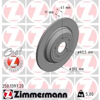 Jeu de 2 disques de frein arrière ZIMMERMANN 250.1397.20 pour FORD FOCUS 1.5 EcoBlue - 120cv