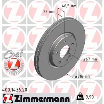 Jeu de 2 disques de frein avant ZIMMERMANN 400.1436.20 pour MERCEDES-BENZ CLASSE E E 430 T 4-matic - 279cv