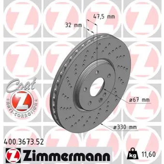 Jeu de 2 disques de frein avant ZIMMERMANN 400.3673.52 pour MERCEDES-BENZ CLASSE E E 430 T 4-matic - 279cv