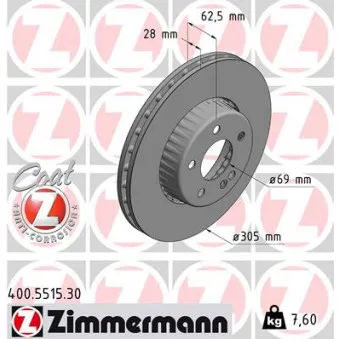 Jeu de 2 disques de frein avant ZIMMERMANN 400.5515.30 pour MERCEDES-BENZ CLASSE C C 200 d - 160cv