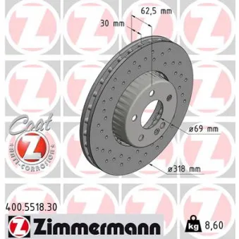 Jeu de 2 disques de frein avant ZIMMERMANN 400.5518.30 pour MERCEDES-BENZ CLASSE C C 180 - 156cv