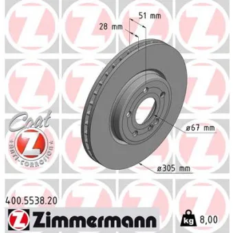 Jeu de 2 disques de frein avant ZIMMERMANN 400.5538.20 pour MERCEDES-BENZ CLASSE A A 200 - 163cv