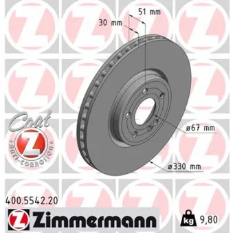 Jeu de 2 disques de frein avant ZIMMERMANN 400.5542.20 pour MERCEDES-BENZ CLASSE A A 250 4-matic - 224cv