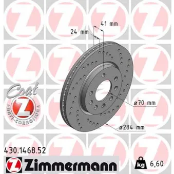 Jeu de 2 disques de frein avant ZIMMERMANN 430.1468.52 pour OPEL VECTRA 2.5 V6 - 170cv