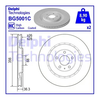 DELPHI BG5001C - Jeu de 2 disques de frein arrière