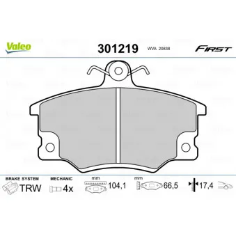 Jeu de 4 plaquettes de frein avant VALEO 301219