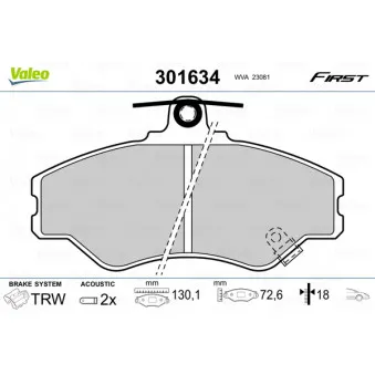 Jeu de 4 plaquettes de frein avant VALEO 301634 pour SUBARU LEGACY 2.5 D - 78cv