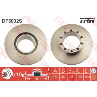Jeu de 2 disques de frein avant TRW DF5032S pour MAN L2000 10,225 LC, 10,225 LLC, LRC, LLRC - 220cv