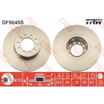 Jeu de 2 disques de frein avant TRW DF5045S pour MAN L2000 9,155 L, LC, LLC, LRC, LLRC - 155cv