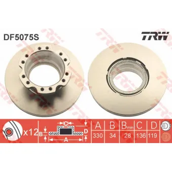 Jeu de 2 disques de frein arrière TRW DF5075S pour DAF LF 45 FA 45,180 - 185cv