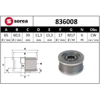 Poulie roue libre, alternateur SNRA 836008