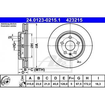 Jeu de 2 disques de frein arrière ATE 24.0123-0215.1 pour OPEL INSIGNIA 1.6 CDTi - 110cv