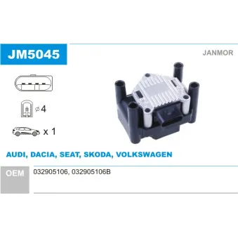 Bobine d'allumage JANMOR JM5045 pour VOLKSWAGEN PASSAT 2.0 - 120cv