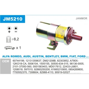 Bobine d'allumage JANMOR JM5210 pour VOLKSWAGEN TRANSPORTER - COMBI 1,5 - 44cv