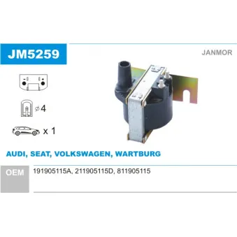 Bobine d'allumage JANMOR JM5259 pour VOLKSWAGEN PASSAT 1.3 - 60ch