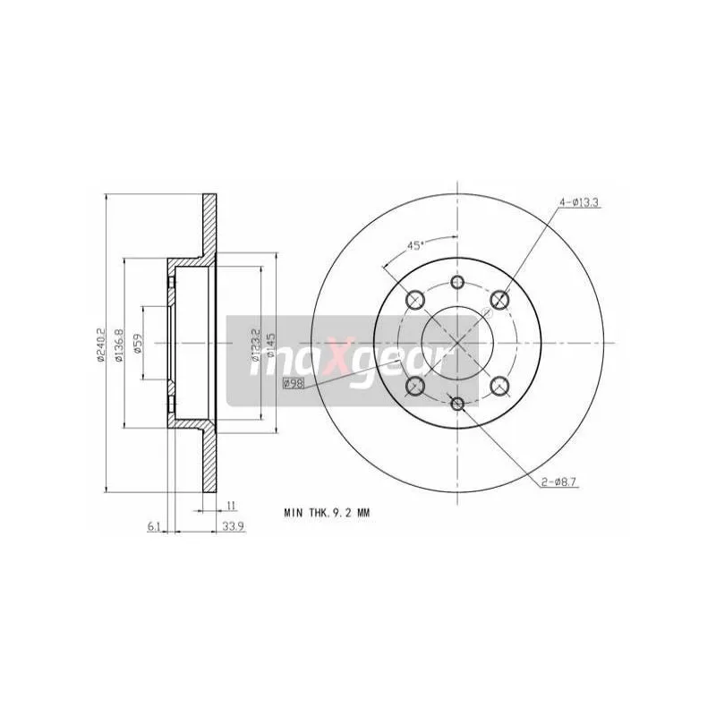 Jeu de 2 disques de frein arrière MAXGEAR 19-0680 - Visuel 1