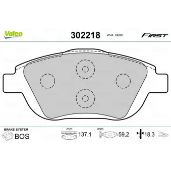 Jeu de 4 plaquettes de frein avant VALEO 302218 pour CITROEN C4 1.5 BlueHDi 130 - 131cv