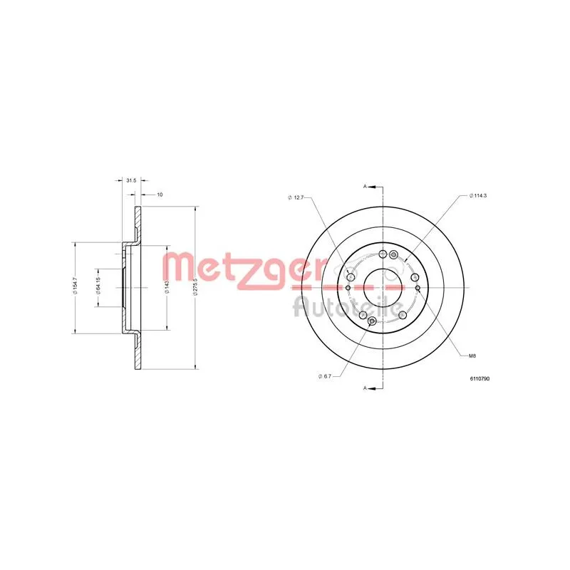 Jeu de 2 disques de frein arrière METZGER 6110790 - Visuel 2