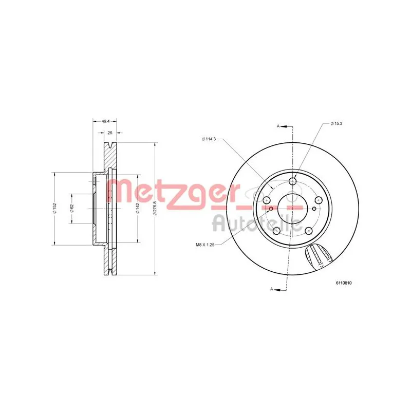 Jeu de 2 disques de frein avant METZGER 6110810 - Visuel 1