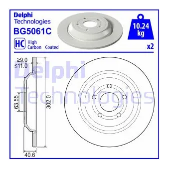 Jeu de 2 disques de frein arrière DELPHI BG5061C pour FORD FOCUS 1.5 EcoBoost - 150cv
