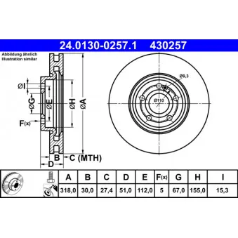 Jeu de 2 disques de frein avant ATE 24.0130-0257.1 pour MERCEDES-BENZ CLASSE A A 220 d - 190cv