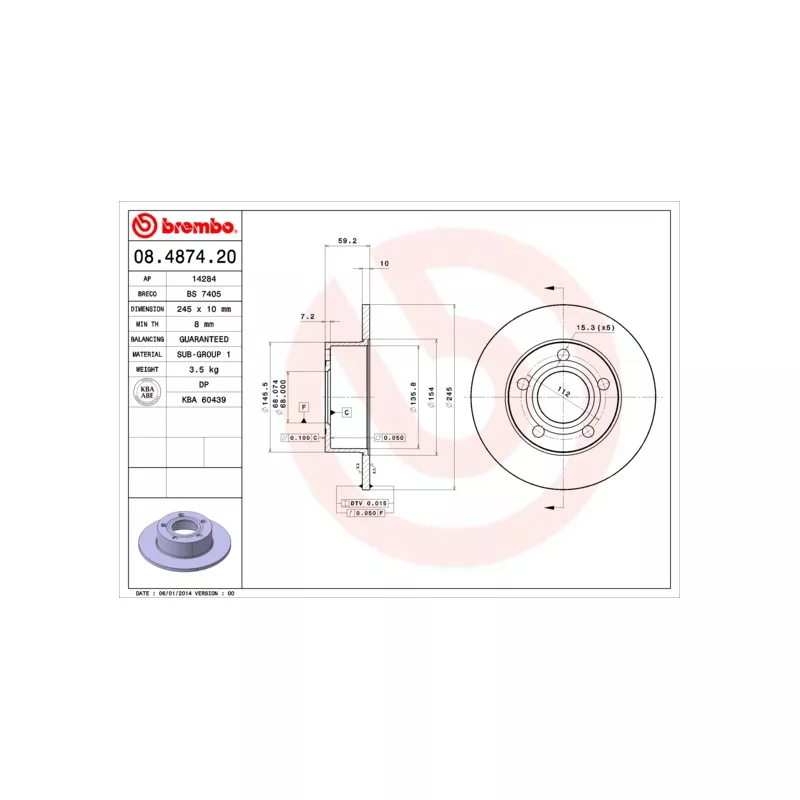 Jeu de 2 disques de frein arrière BREMBO 08.4874.20 - Visuel 1