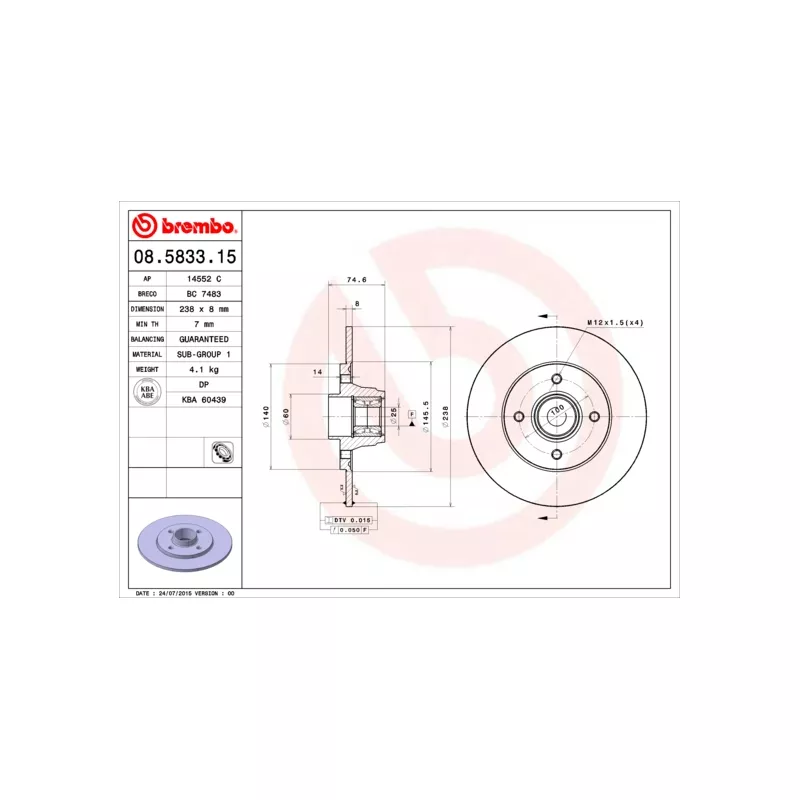 Jeu de 2 disques de frein arrière BREMBO 08.5833.15 - Visuel 1