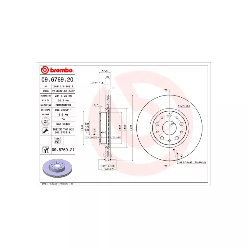 Jeu de 2 disques de frein arrière BREMBO 09.6769.20 - Visuel 1