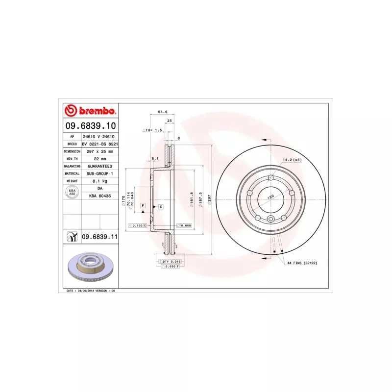 Jeu de 2 disques de frein avant BREMBO 09.6839.11 - Visuel 1