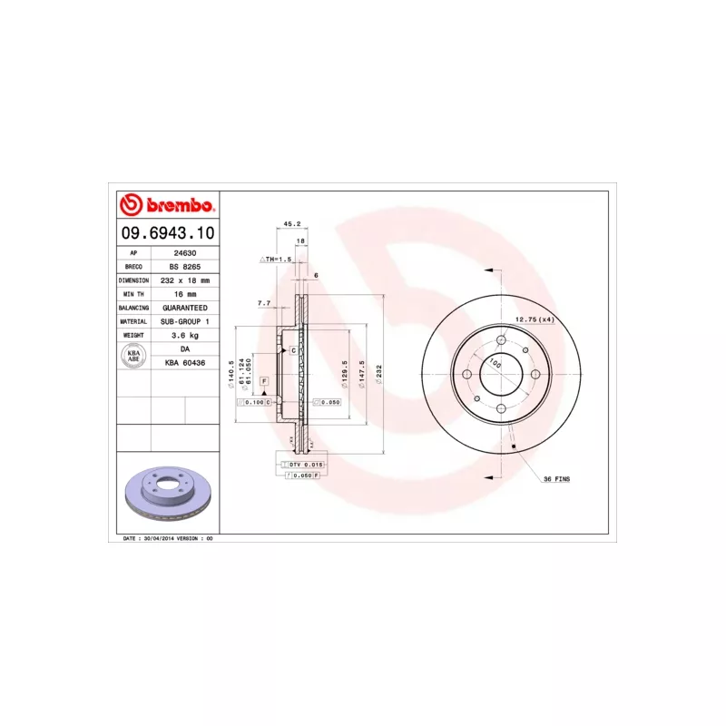 Jeu de 2 disques de frein avant BREMBO 09.6943.10 - Visuel 1