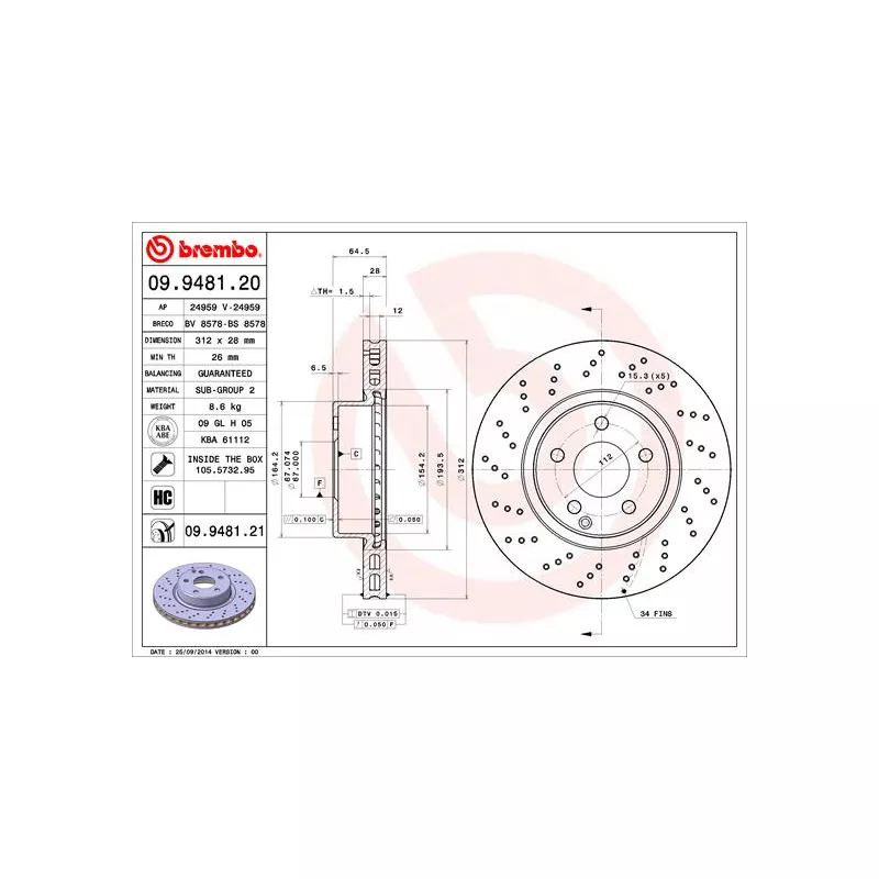 Jeu de 2 disques de frein avant BREMBO 09.9481.20 - Visuel 1