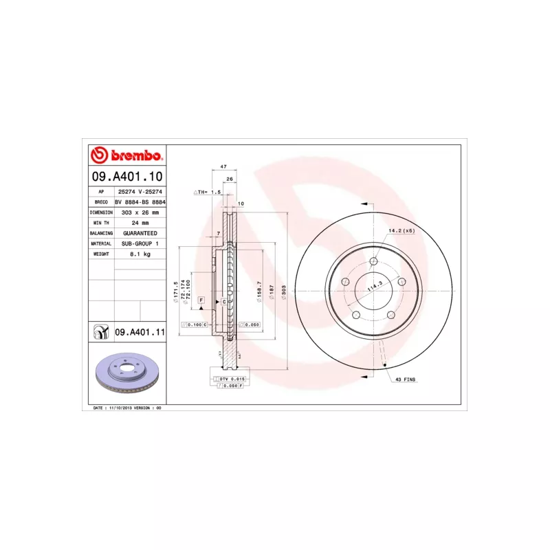 Jeu de 2 disques de frein avant BREMBO 09.A401.10 - Visuel 1