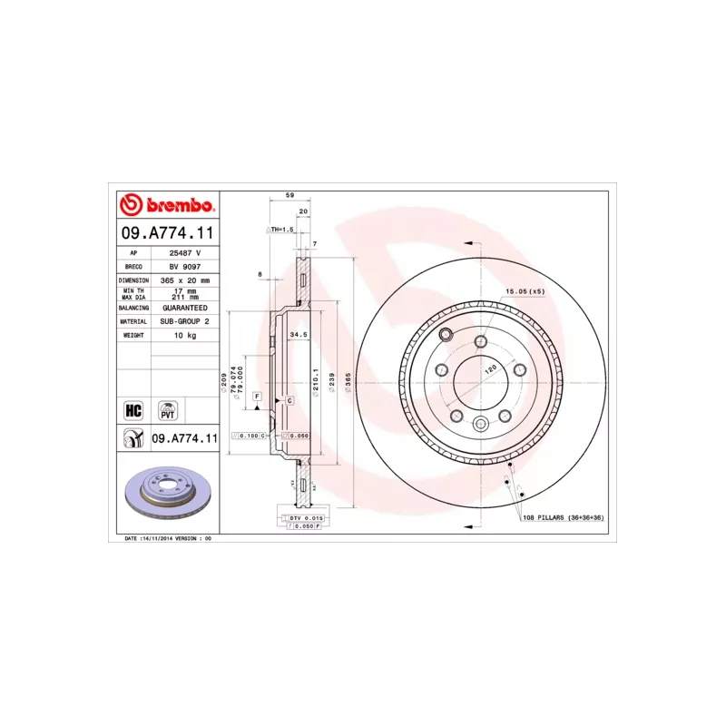 Jeu de 2 disques de frein arrière BREMBO 09.A774.11 - Visuel 1